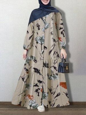 the spoty shop DRESSES Women Vintage Flower Print Button Up Kaftan Long Sleeve Maxi Dresses