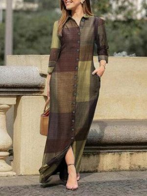 the spoty shop DRESSES Casual Plaid Print Lapel Button Long Sleeve Shirt Maxi Dress For Women