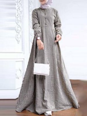 Women Grid Printed Casual Elastic Cuffs Big Swing Long Sleeve Muslim Abaya Kaftan Maxi Dress