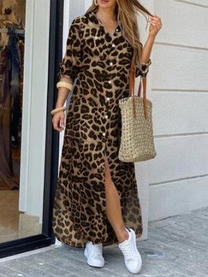 the spoty shop DRESSES Women Leopard Print Lapel Long Sleeve Side Pockets Shirt Maxi Dress