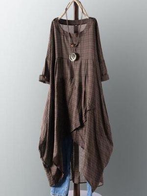 the spoty shop DRESSES Vintage Women Cotton Pocket Plaid Irregular Hem Maxi Dress