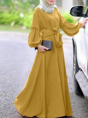 the spoty shop DRESSES Women Long Sleeve Solid Color Belted O-Neck Button Maxi Dress