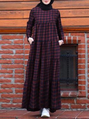 Women Vintage Plaid Round Neck Kaftan Casual Long Sleeve Maxi Dresses With Pocket
