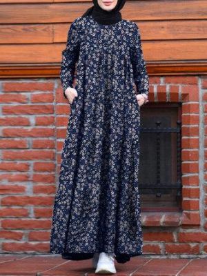the spoty shop DRESSES Women Floral Print Tiered Dress O-Neck Casual Maxi Dress With Side Pocket