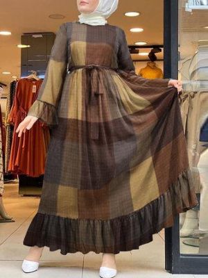 the spoty shop DRESSES Women Plaid Ruffle Hem Swing Kaftan Robe Belted Maxi Dresses