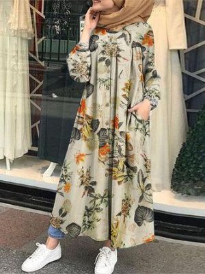 the spoty shop DRESSES Floral Leaf Printed Button Down Front Kaftan Tunic Maxi Dress with Side Pockets