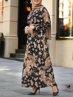 Women Flowers Print Ruffle Cuffs Lace-Up Stand Collar Casual Maxi Muslim Dress Abaya Kaftan