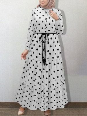 Women Polka Dot Lapel Tassel Lace-Up Long Sleeve Casual Ruffle Maxi Dresses