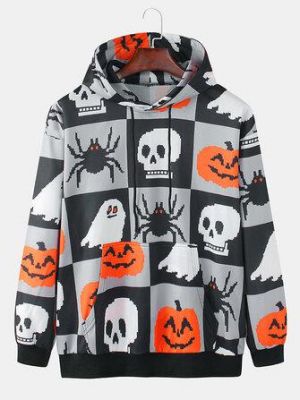 the spoty shop Hoodies Mens Halloween Cartoon Pumpkin Ghost Pattern Plaid Long Sleeve Kangaroo Pocket Hoodies
