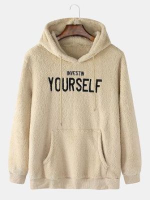the spoty shop Hoodies Mens Letter Embroidered Kangaroo Pocket Fluffy Long Sleeve Hoodies