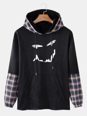 the spoty shop Hoodies Mens Smile Print Plaid Patchwork Faux Twinset Hoodies