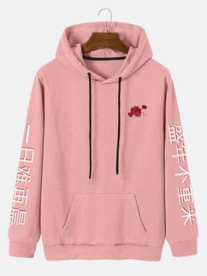 the spoty shop Hoodies Mens Chinese Characters Printing Pouch Rose Hoodies