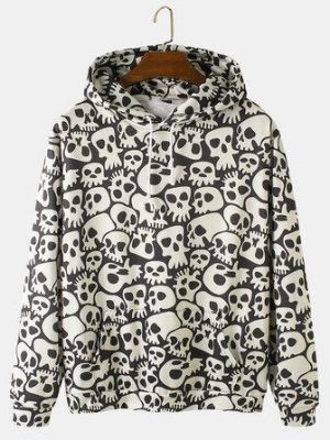 the spoty shop Hoodies Mens Allover Skull Print Halloween Loose Drawstring Hoodies With Muff Pocket