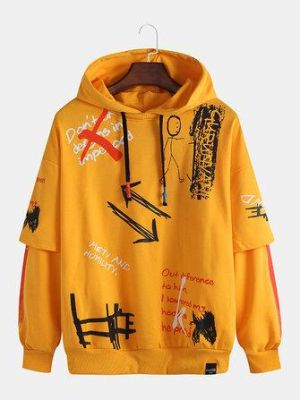 the spoty shop Hoodies  Mens Funny Cartoon Slogan Double Sleeve Drawstring Hoodies Sweatshirt