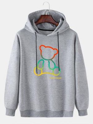 Mens Colorful Bear Graphics Print Drop Shoulder Drawstring Hoodies