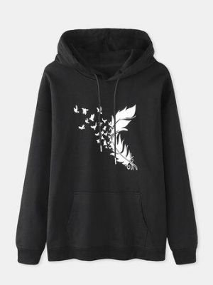 Women Feather Print Long Sleeve Casual Drawstring Pullover Hoodies