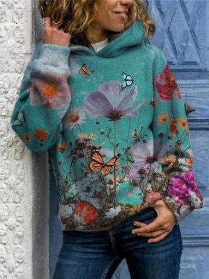 the spoty shop  WOMEN-WINTER NEW Women Butterfly Flower Print Long Sleeve Casual Pullover Hoodies