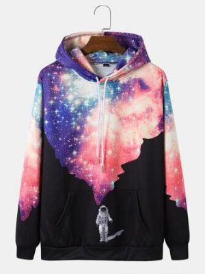 the spoty shop Hoodies Mens All Over Astronaut Starry Sky Print Casual Drawstring Hoodies