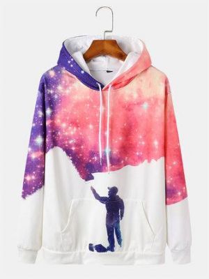 the spoty shop Hoodies Mens Starry Sky Figure Print Casual Drawstring Pullover Hoodies