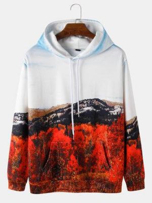 Mens Forest Scenery Print Drawstring Overhead Hoodies With Pouch Pocket