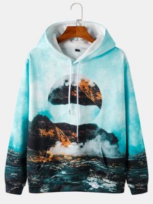 Mens All Over Mountain Scenery Print Drawstring Pullover Hoodies