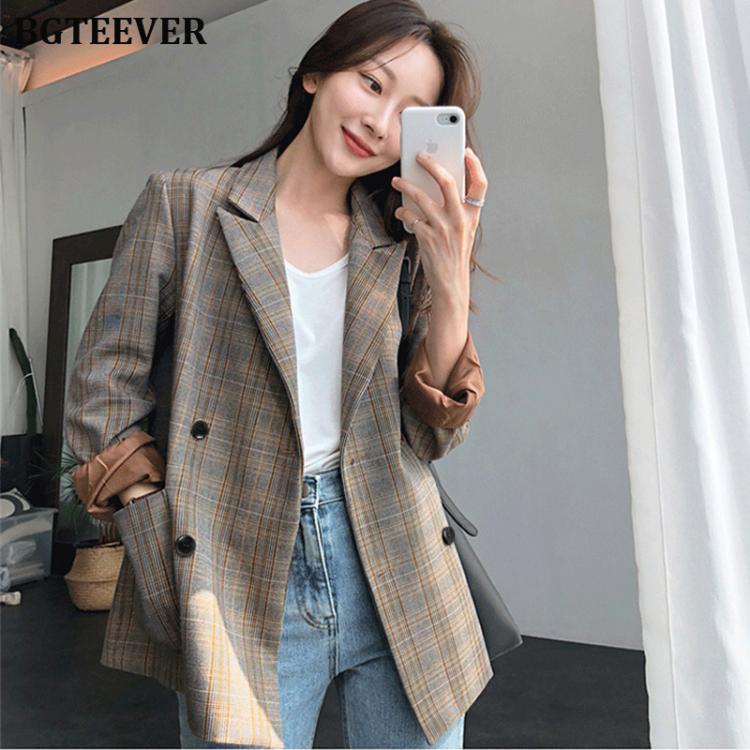 the spoty shop JACKET Vintage Plaid Double Breasted Women Blazer Oversized Full Sleeve Grid Female Suit Coat Elegant Autumn Women Jackets Outwear 2019