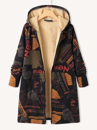 the spoty shop  WOMEN-WINTER NEW Women Hooded Plush Patchwork Letter Print Pocket Zip Front Long Sleeve Casual Jackets