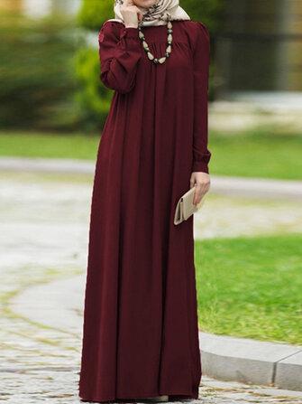 the spoty shop DRESSES Women Vintage O-neck Button Long Puff Sleeve Kaftan Solid Color Maxi Dress