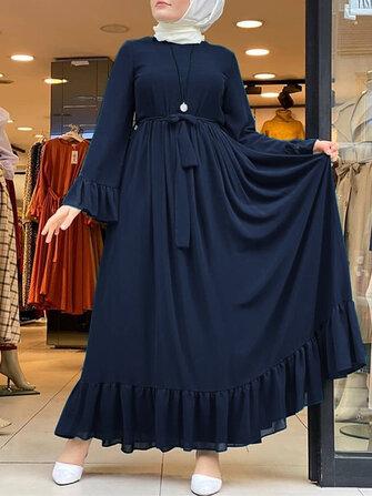 the spoty shop DRESSES Casual Solid Color Flare Sleeve Lace-Up Chiffon Loose Muslim Maxi Dress