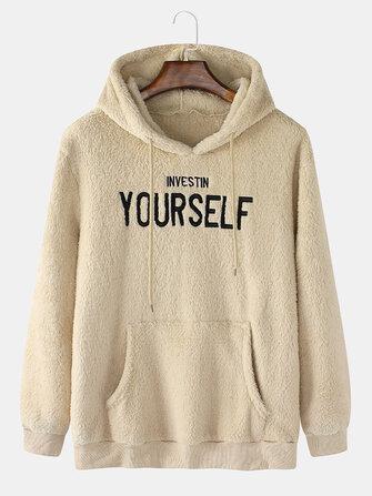 the spoty shop Hoodies Mens Letter Embroidered Kangaroo Pocket Fluffy Long Sleeve Hoodies