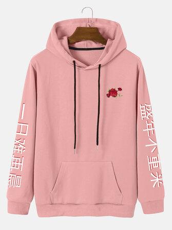 the spoty shop Hoodies Mens Chinese Characters Printing Pouch Rose Hoodies