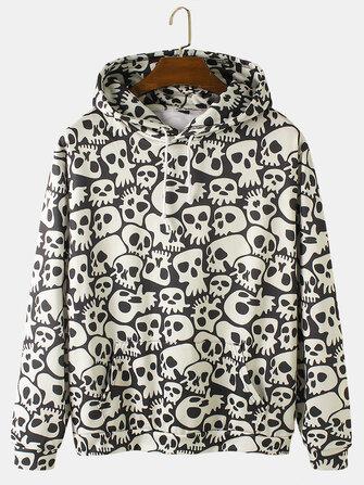 the spoty shop Hoodies Mens Allover Skull Print Halloween Loose Drawstring Hoodies With Muff Pocket
